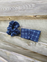 Load image into Gallery viewer, monochromatic blue plaid scrunchie and drink cozie