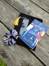 Load image into Gallery viewer, white red and blue stripe scrunchie with a book and reading accessories